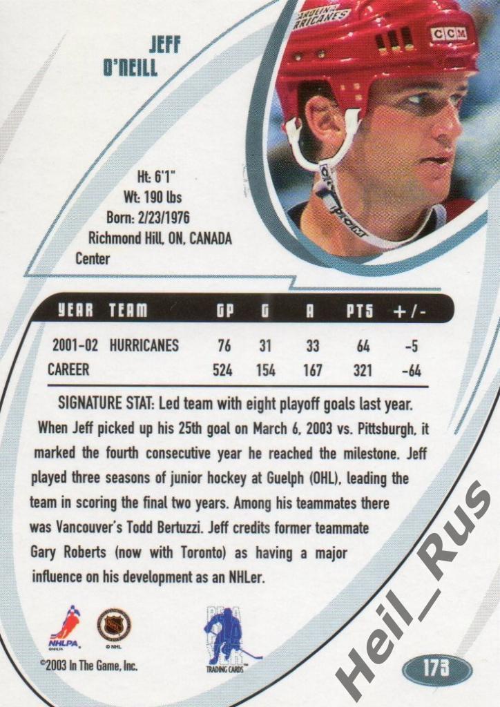 Хоккей Карточка Jeff O'Neill/Джефф О'Нилл Carolina Hurricanes / Каролина NHL/НХЛ 1