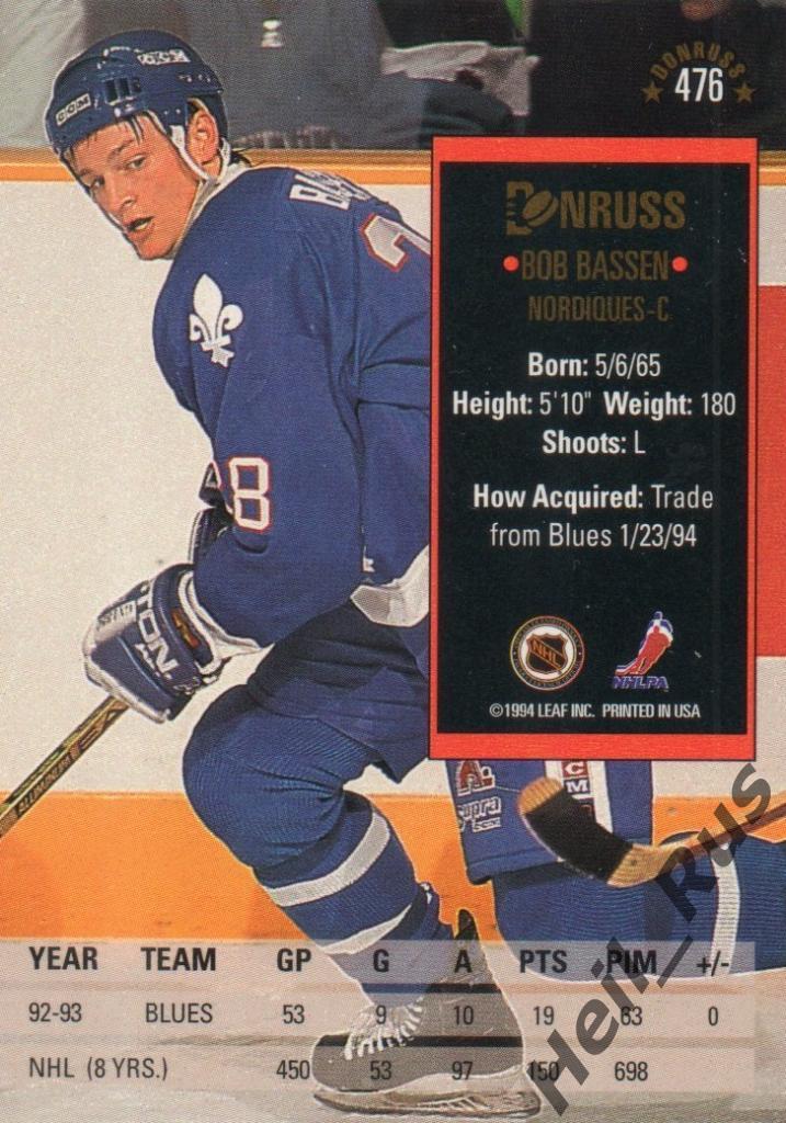 Хоккей. Карточка Bob Bassen/Боб Бассен (Quebec Nordiques/Квебек Нордикс) НХЛ/NHL 1
