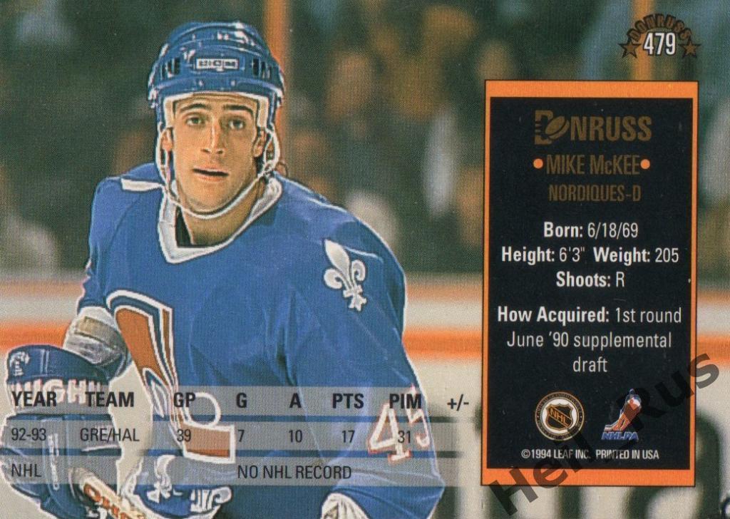 Хоккей. Карточка Mike McKee/Майк Макки (Quebec Nordiques/Квебек Нордикс) НХЛ/NHL 1