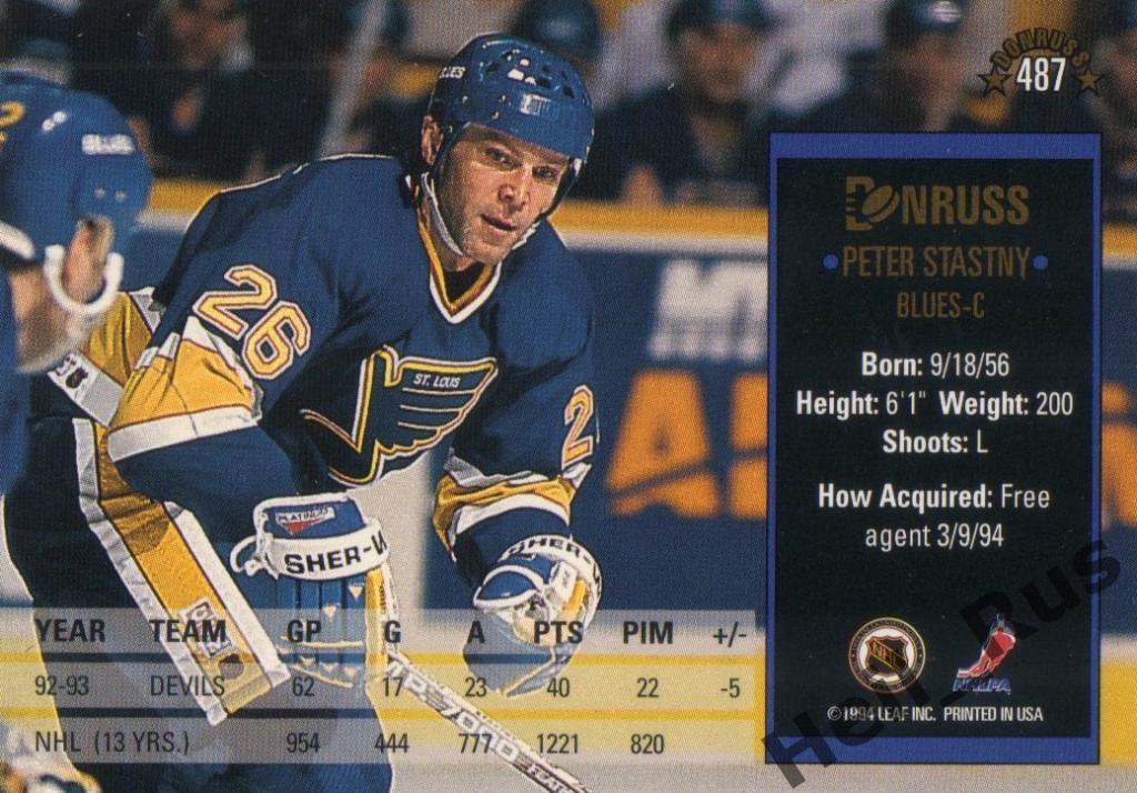 Хоккей. Карточка Peter Stastny/Петер Штястны (St. Louis Blues/Сент-Луис) НХЛ/NHL 1