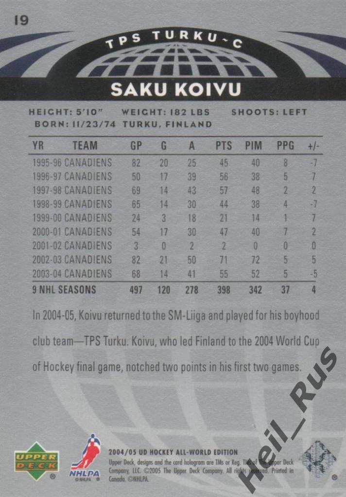 Хоккей. Карточка Saku Koivu/Саку Койву (TPS Turku/ТПС Турку) НХЛ/NHL 2004-05 1