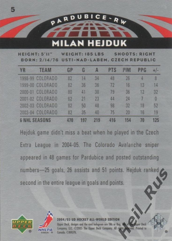 Хоккей. Карточка Milan Hejduk/Милан Гейдук (Pardubice/Пардубице) НХЛ/NHL 2004-05 1