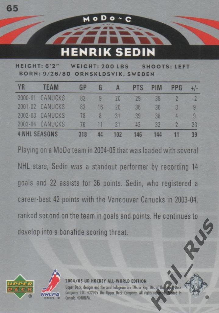 Хоккей. Карточка Henrik Sedin/Хенрик Седин (MoDo/МОДО, Ванкувер) НХЛ/NHL 2004-05 1
