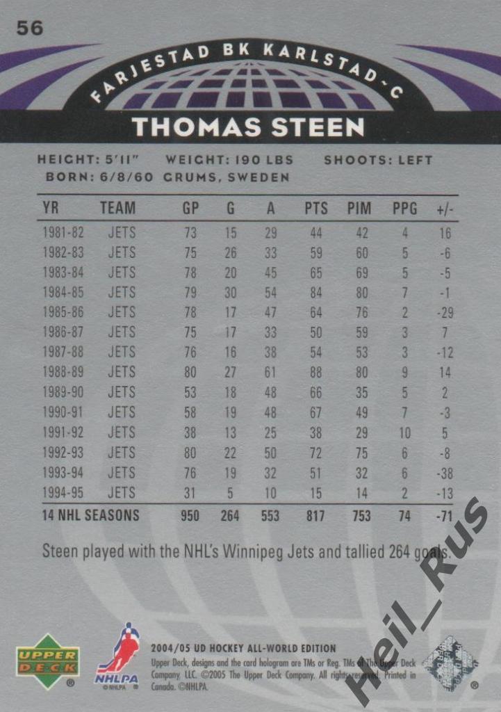Хоккей. Карточка Thomas Steen/Томас Стин (Farjestads BK / Ферьестад БК) НХЛ/NHL 1