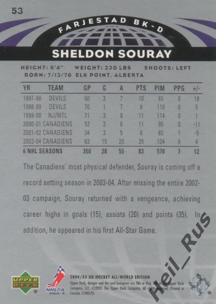 Хоккей Карточка Sheldon Souray/Шелдон Сурей (Farjestads BK/Ферьестад БК) НХЛ/NHL 1