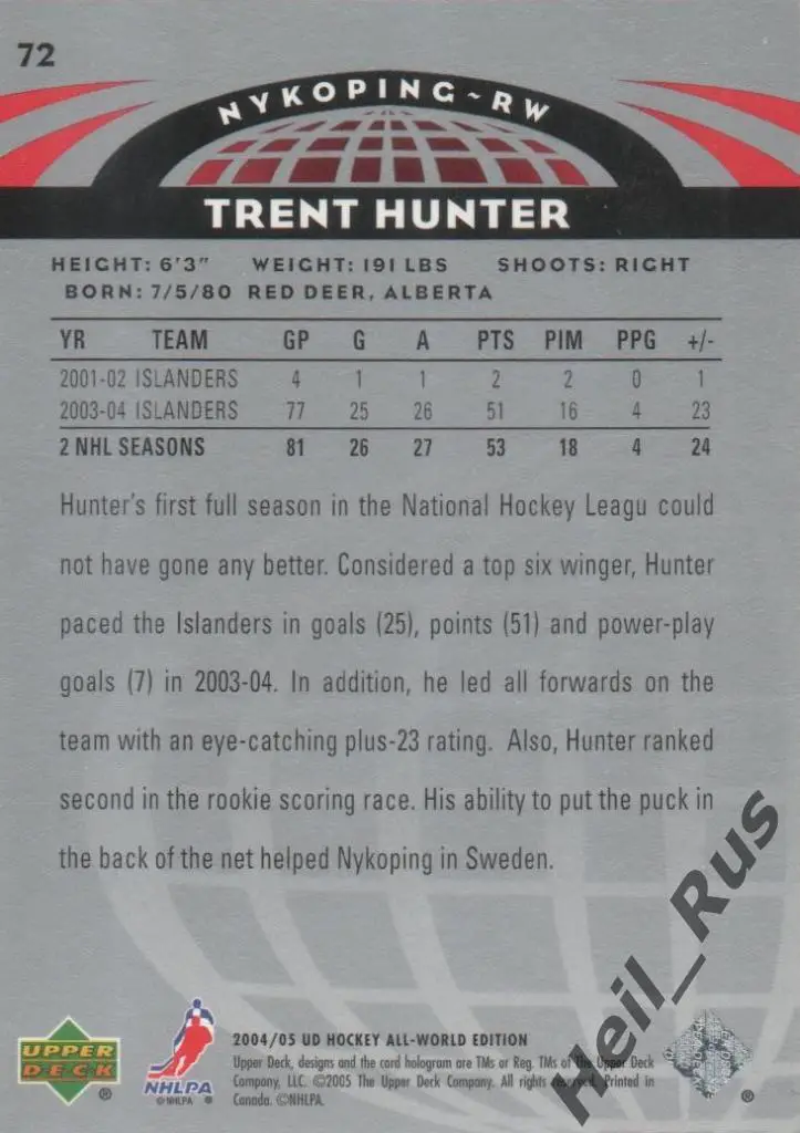 Хоккей. Карточка Trent Hunter / Трент Хантер (Nykoping/Нючепинг) НХЛ/NHL 2004-05 1