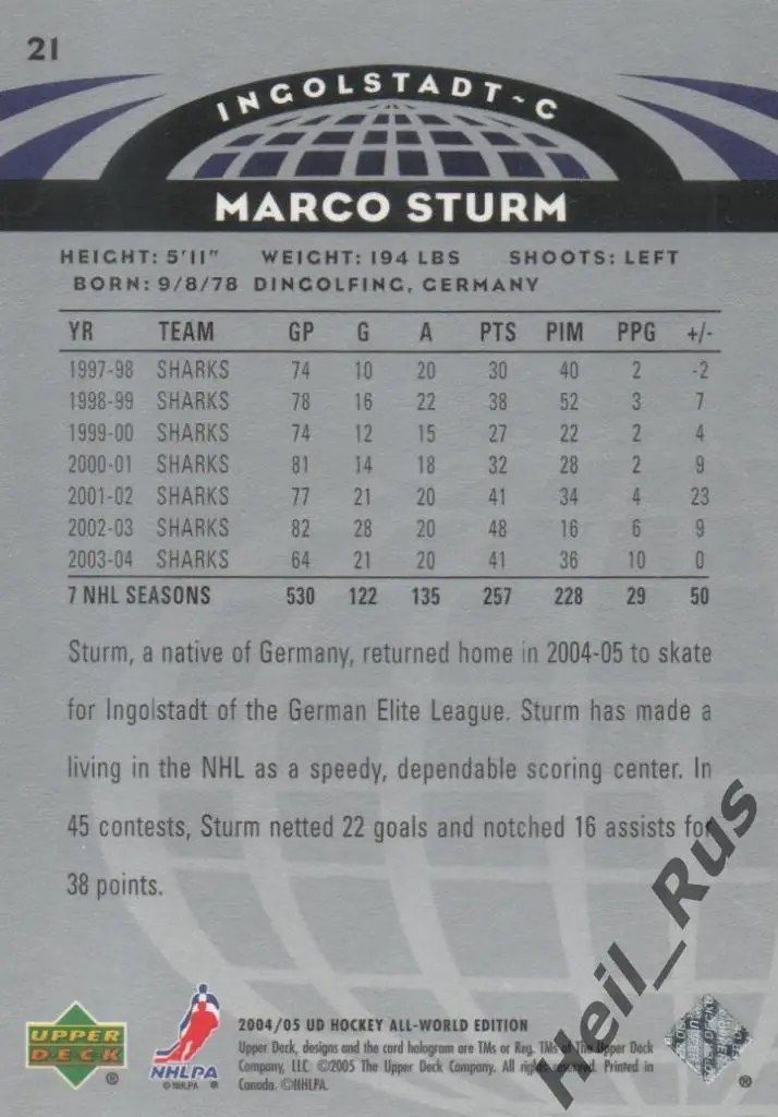 Хоккей. Карточка Marco Sturm / Марко Штурм (Ingolstadt / Ингольштадт) НХЛ/NHL 1
