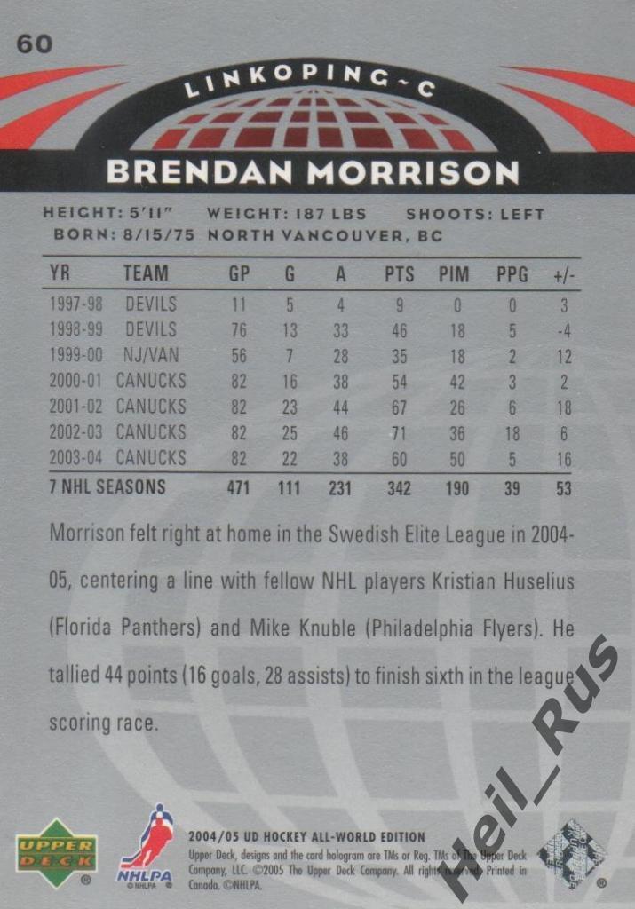 Хоккей. Карточка Brendan Morrison/Брендан Моррисон (Linkoping/Линчепинг) НХЛ/NHL 1