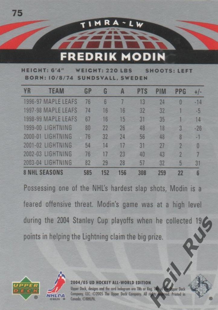 Хоккей. Карточка Fredrik Modin / Фредрик Модин (Timra / Тимро) НХЛ/NHL 2004-05 1