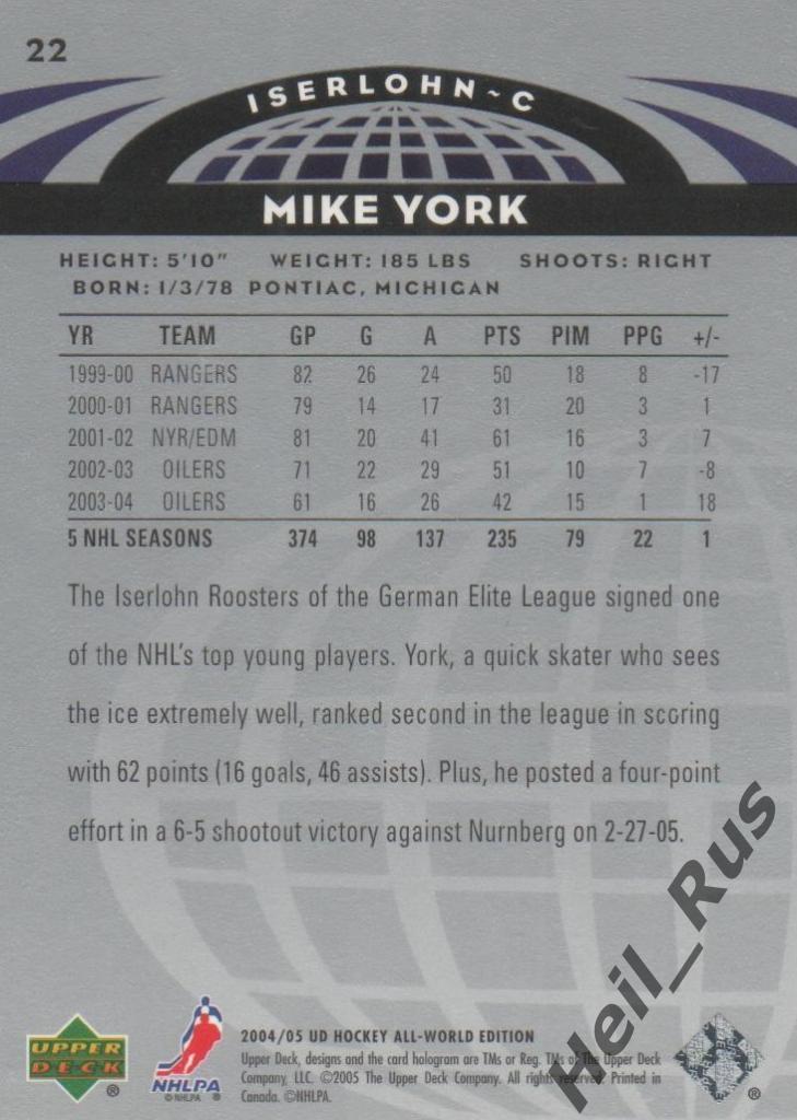 Хоккей. Карточка Mike York/Майк Йорк (Iserlohn/Изерлон Рустерс) НХЛ/NHL 2004-05 1