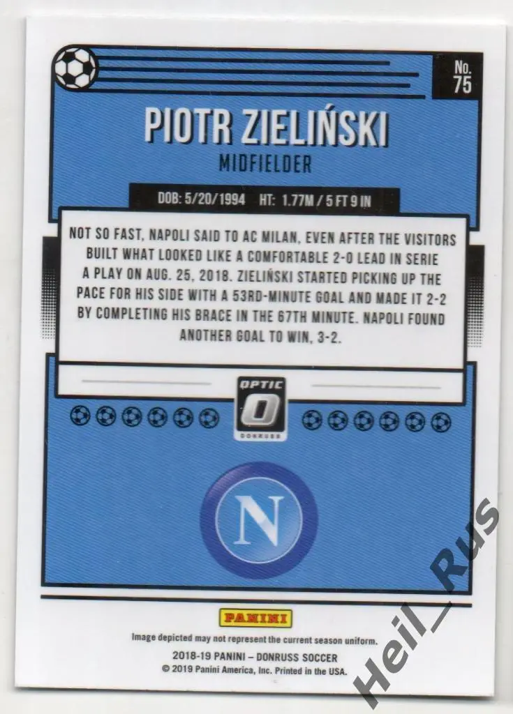 Футбол. Карточка Piotr Zielinski/Петр Зелиньский (Napoli/Наполи) Panini 2018-19 1