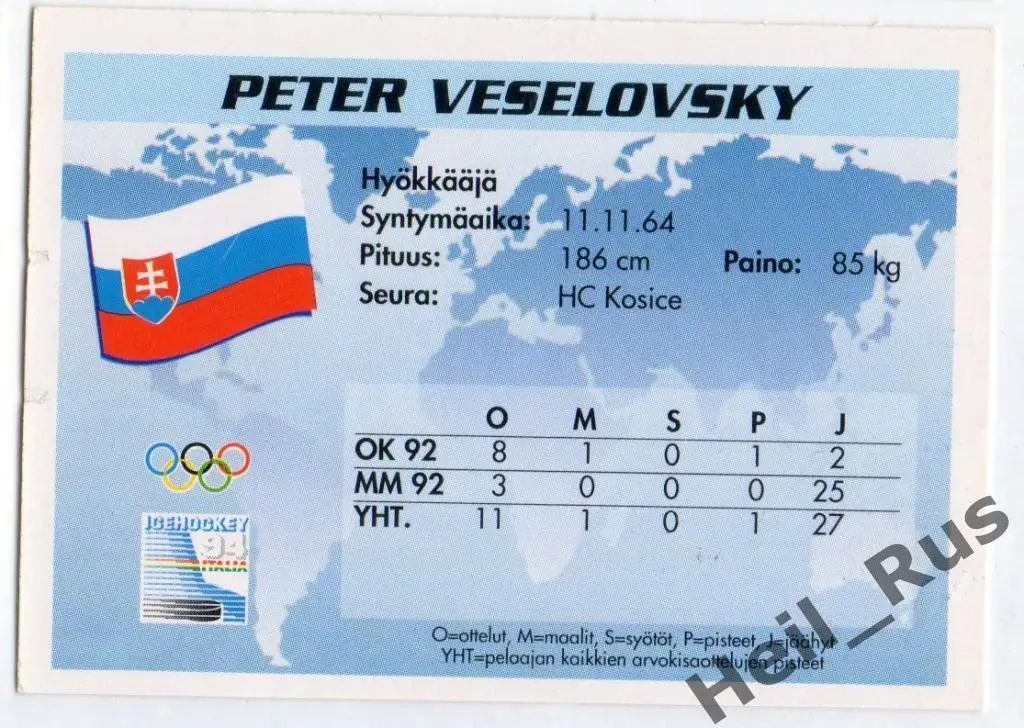 Хоккей. Карточка Peter Veselovsky / Петер Веселовски (Словакия, ХК Кошице) 1994 1