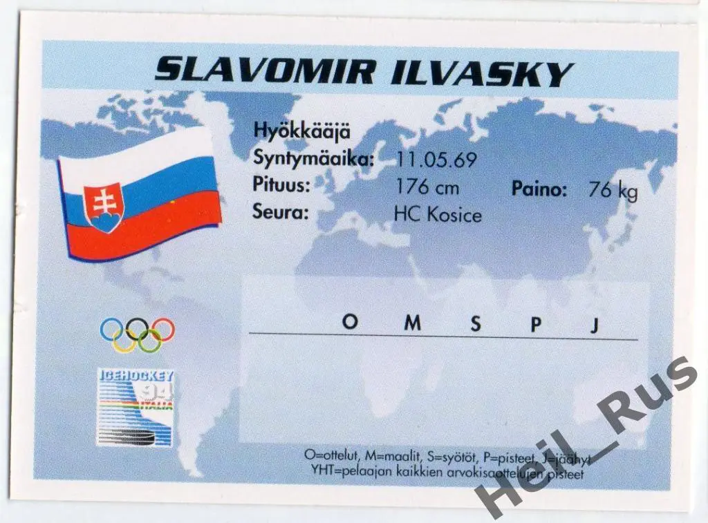 Хоккей. Карточка Slavomir Ilavsky / Славомир Илавски (Словакия, ХК Кошице) 1994 1