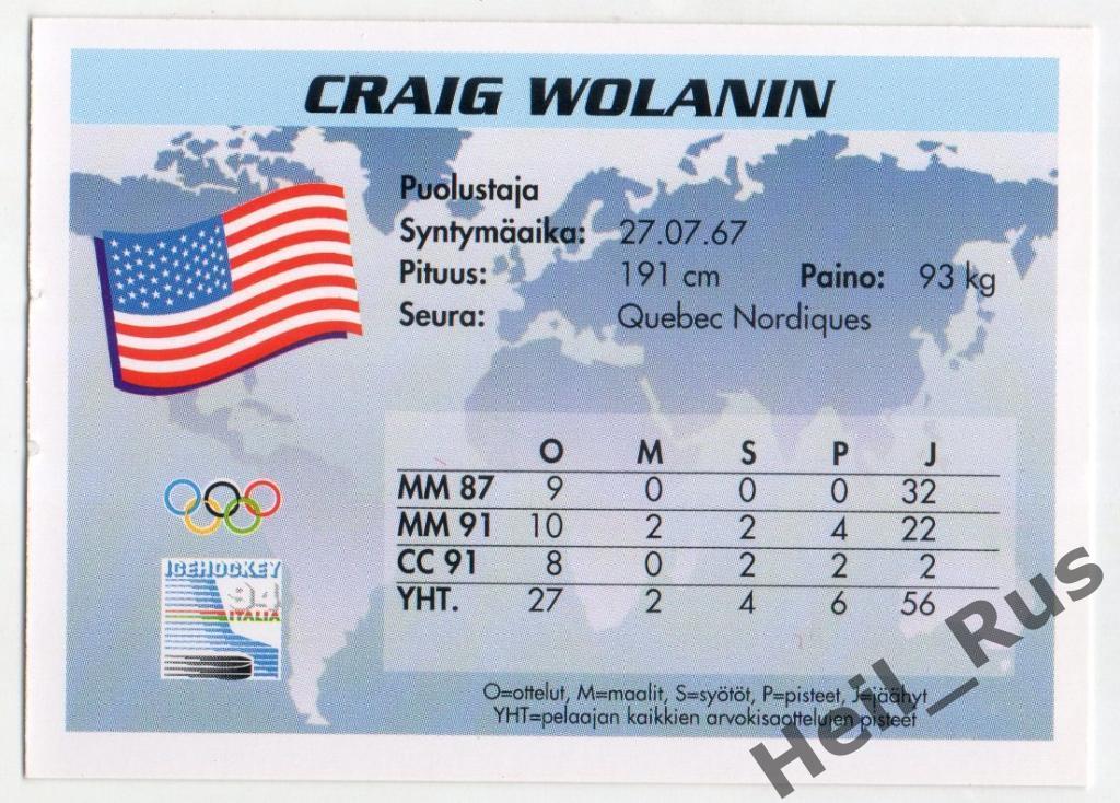 Хоккей. Карточка Craig Wolanin/Крейг Воланин (USA/США, Quebec Nordiques) НХЛ/NHL 1