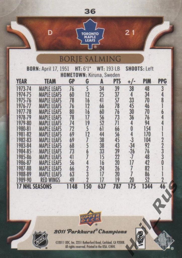 Хоккей Карточка Borje Salming/Берье Сальминг Toronto Maple Leafs/Торонто НХЛ/NHL 1