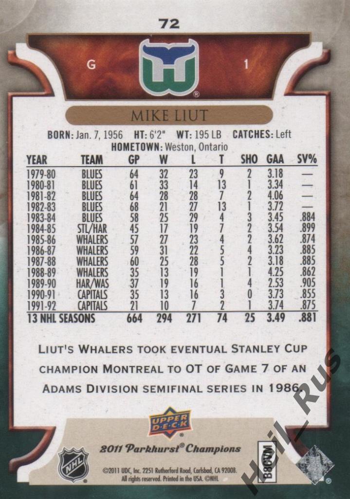 Хоккей. Карточка Mike Liut/Майк Льют (Hartford Whalers/Хартфорд Уэйлерс) НХЛ/NHL 1