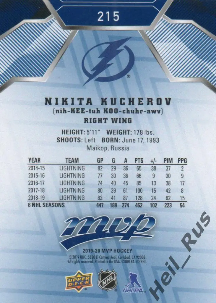 Хоккей. Карточка Никита Кучеров (Tampa Bay Lightning, ЦСКА Москва) NHL/НХЛ, КХЛ 1