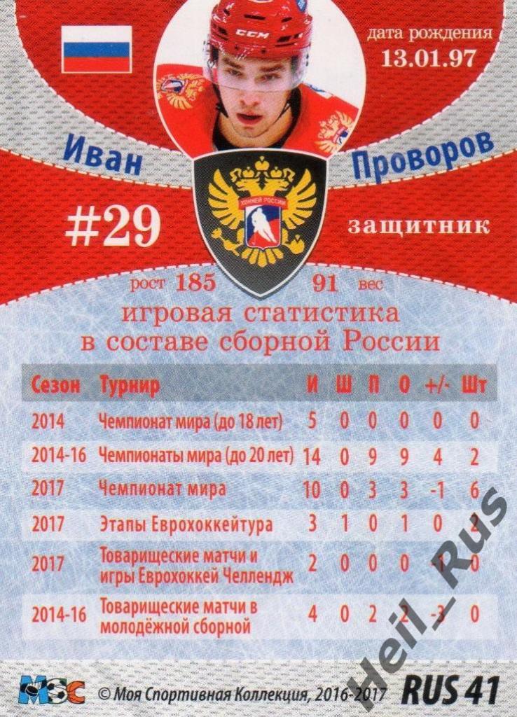 Хоккей. Карточка Иван Проворов (Россия, Локомотив Ярославль) КХЛ/НХЛ 2016-2017 1