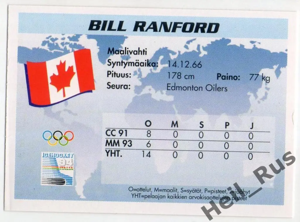 Хоккей Карточка Bill Ranford/Билл Рэнфорд (Канада, Edmonton Oilers) НХЛ/NHL 1994 1