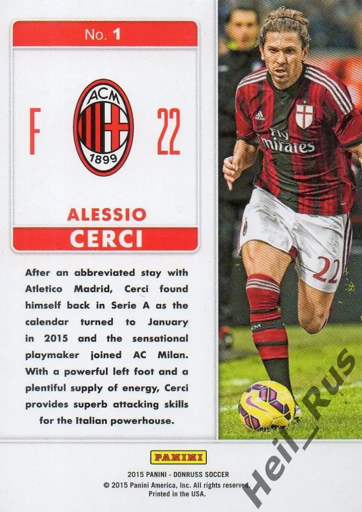 Футбол. Карточка Alessio Cerci/Алессио Черчи (AC Milan/Милан) Panini/Панини 2015 1