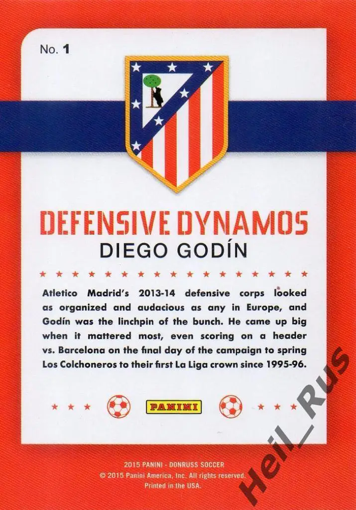 Футбол. Карточка Diego Godin/Диего Годин (Атлетико Мадрид) Panini/Панини 2015 1