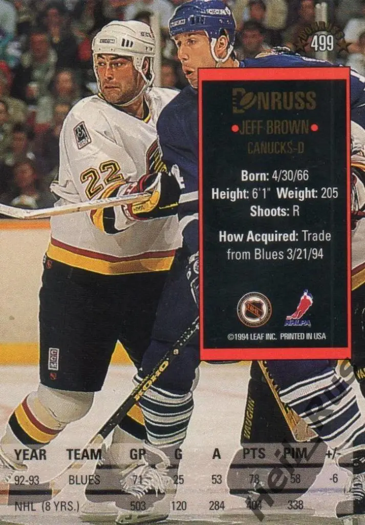 Хоккей Карточка Jeff Brown/Джефф Браун Vancouver Canucks/Ванкувер Кэнакс НХЛ/NHL 1