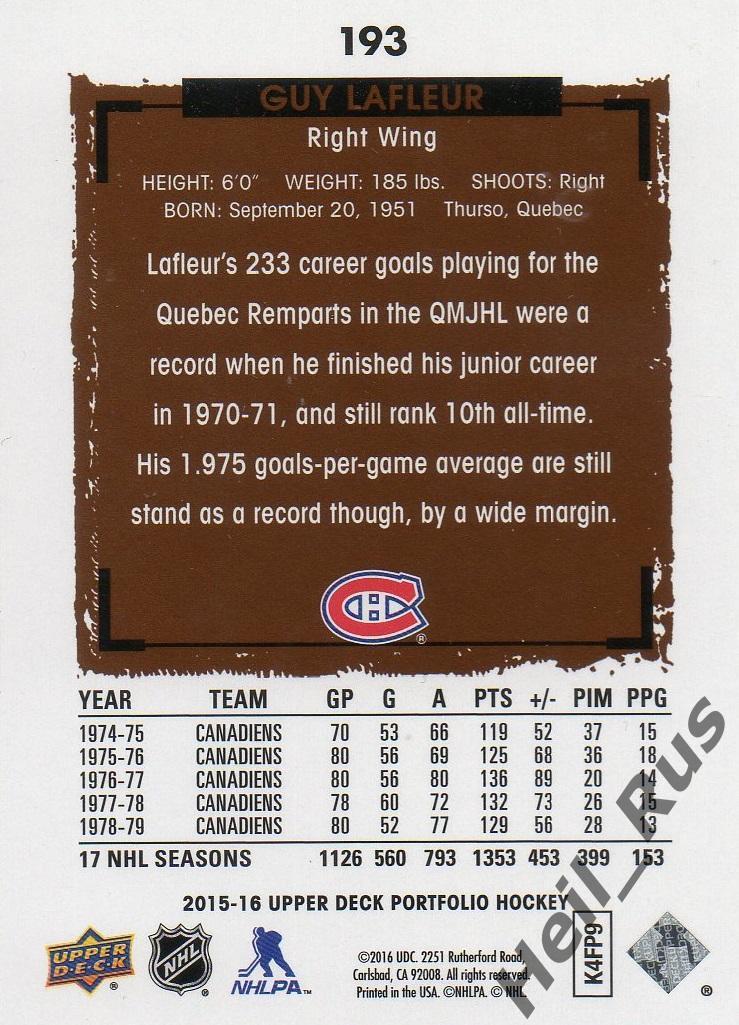 Хоккей. Карточка Guy Lafleur/Ги Лафлер (Montreal Canadiens/Монреаль) НХЛ/NHL 1