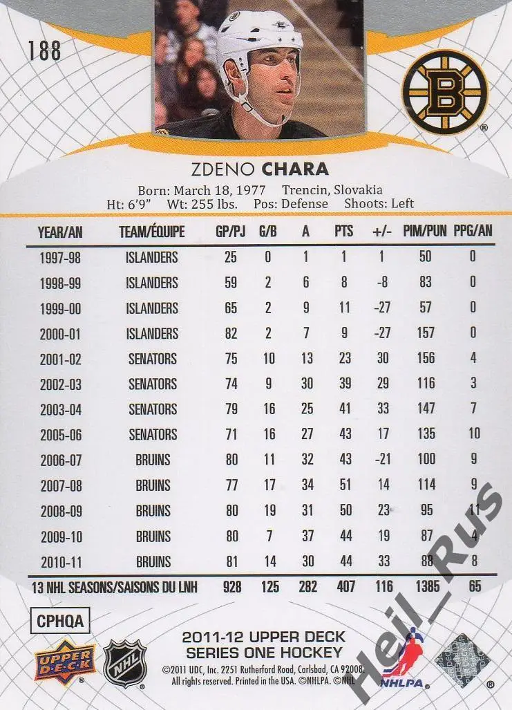 Хоккей; Карточка Zdeno Chara/Здено Хара Boston Bruins/Бостон, Лев Прага НХЛ/NHL 1