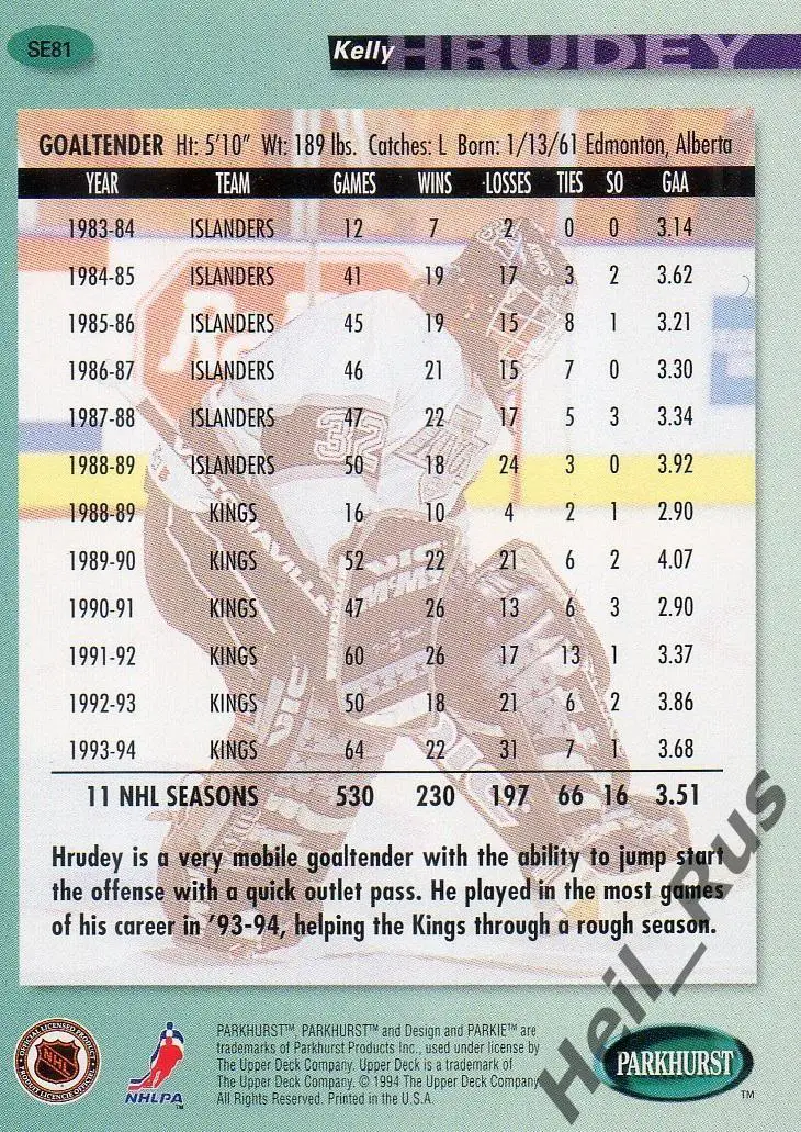 Хоккей. Карточка Kelly Hrudey/Келли Хруди (Los Angeles Kings / Кингз) НХЛ/NHL 1