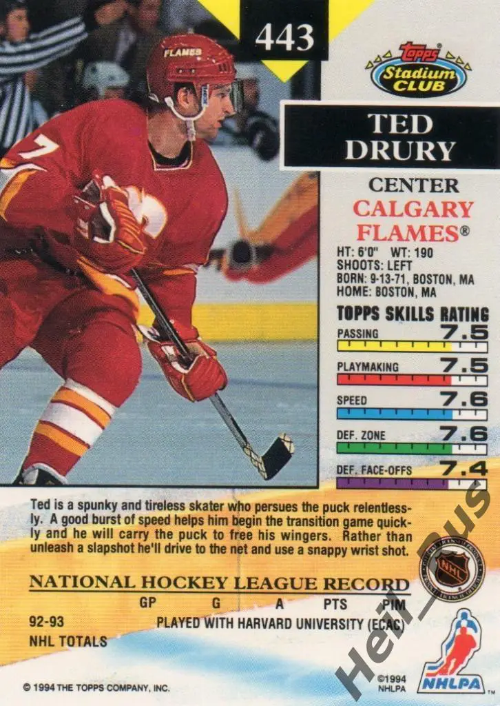 Хоккей. Карточка Ted Drury / Тед Друри (Calgary Flames / Калгари Флэймз) НХЛ/NHL 1
