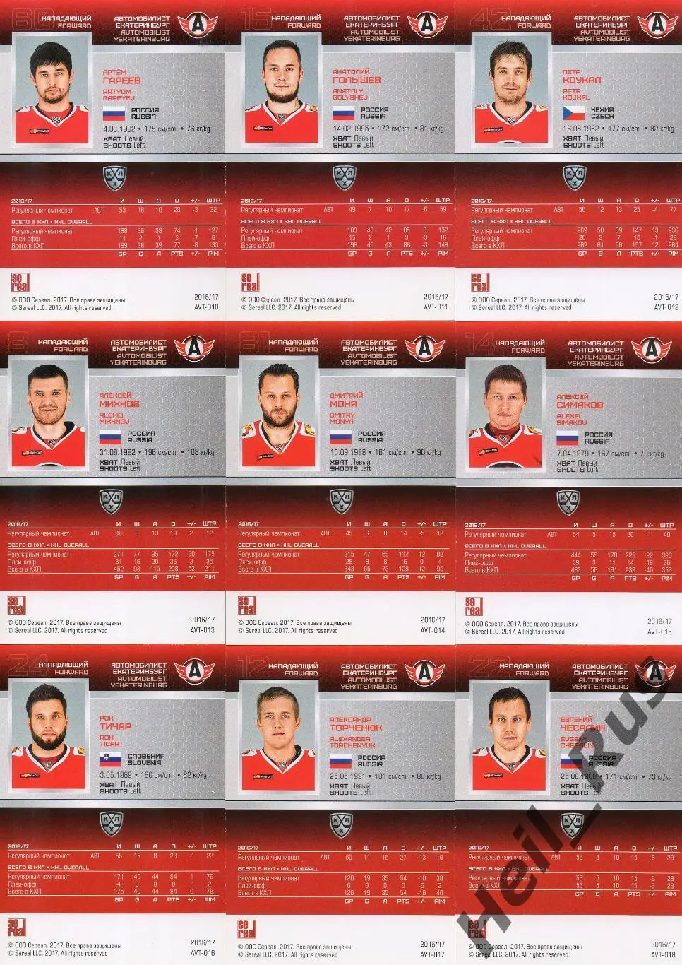 Хоккей Автомобилист Екатеринбург 18 карточек КХЛ сезона 2016/17 SeReal Голышев + 3