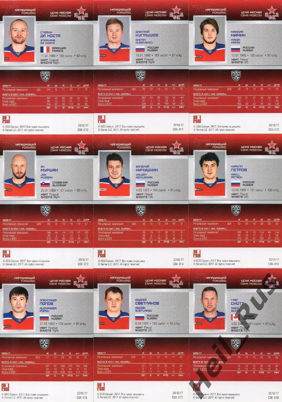 Хоккей. ЦСКА Москва 18 карточек КХЛ сезона 2016/17 SeReal (Сорокин, Ничушкин, +) 3