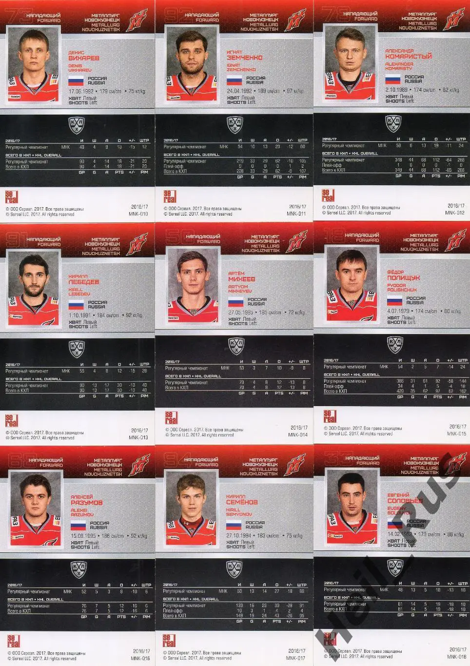 Хоккей Металлург Новокузнецк 18 карточек КХЛ сезона 2016/17 SeReal (Лямкин, +) 3