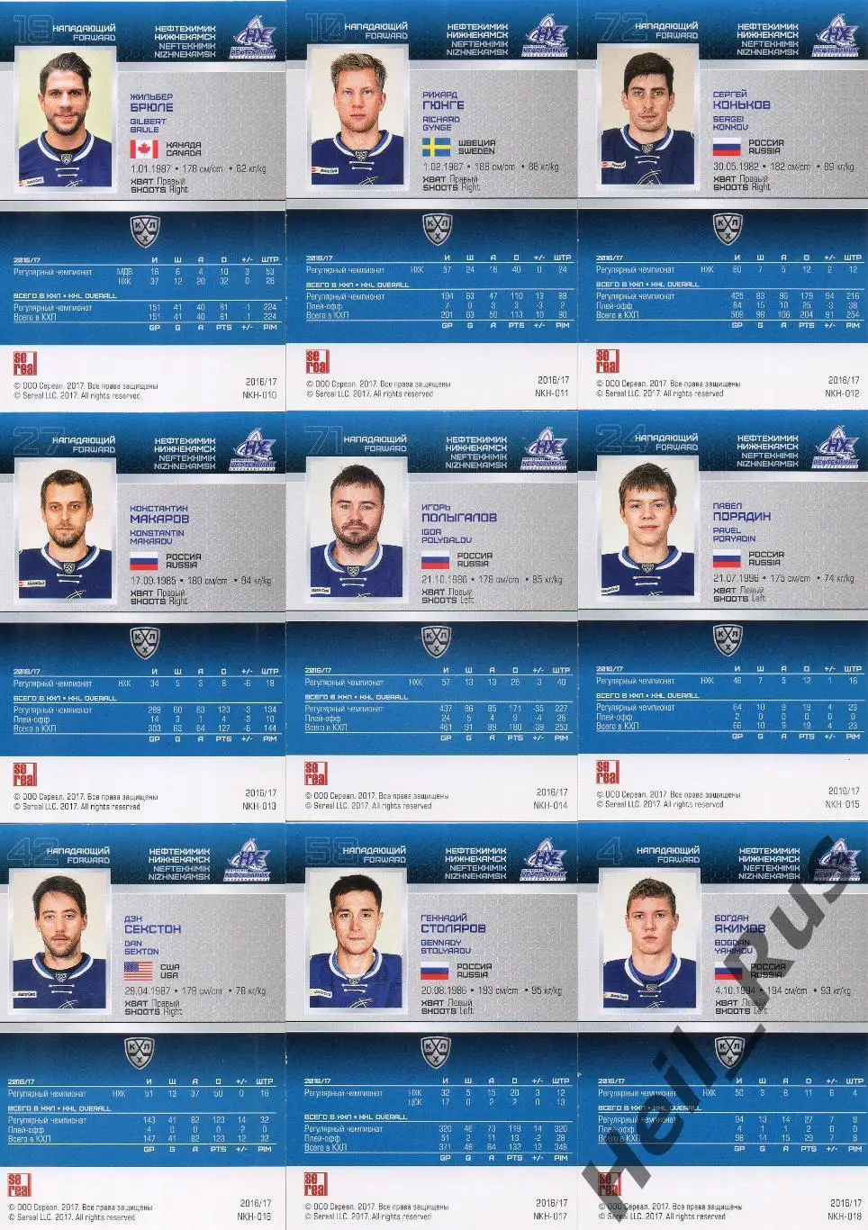 Хоккей. Нефтехимик Нижнекамск 18 карточек КХЛ сезона 2016/17 SeReal (Порядин, +) 3