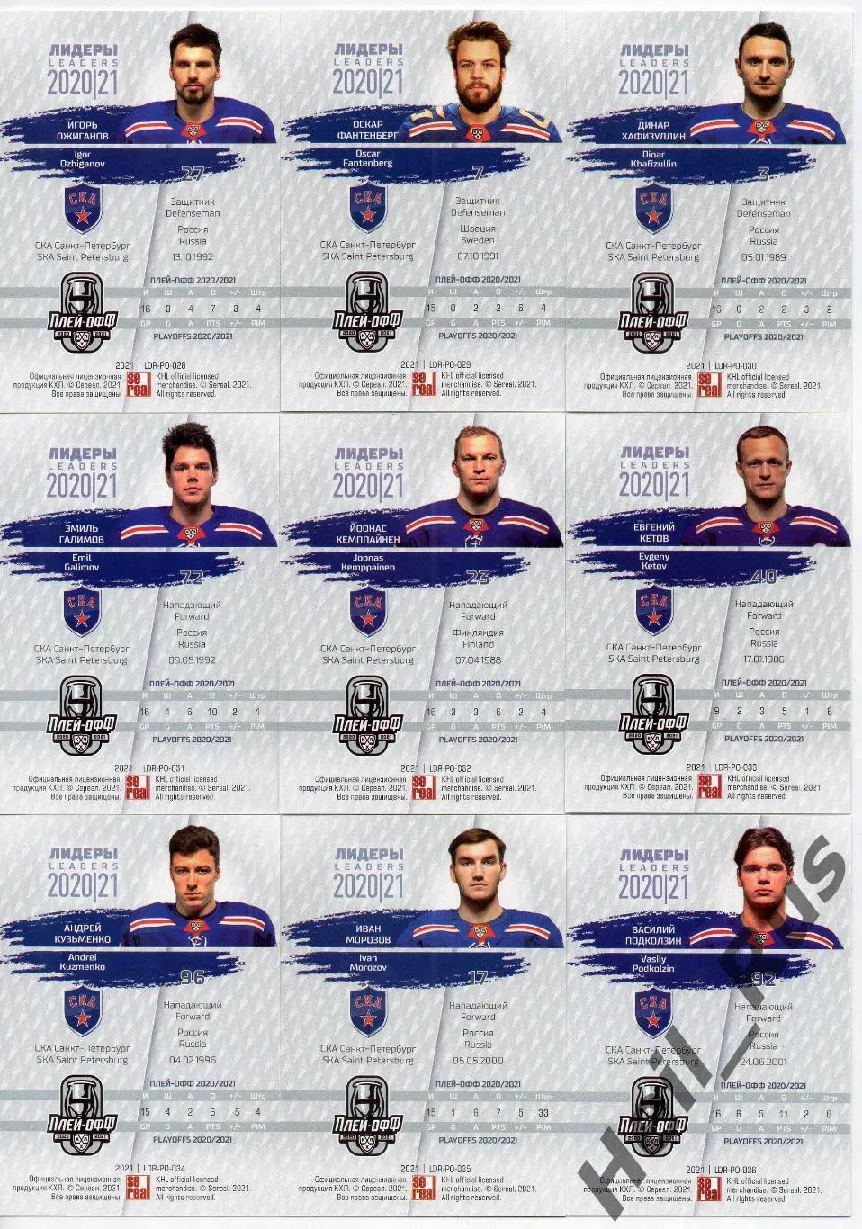 Хоккей СКА Санкт-Петербург 9 карточек КХЛ Лидеры Плей-офф 2020/21 (Подколзин, +) 1