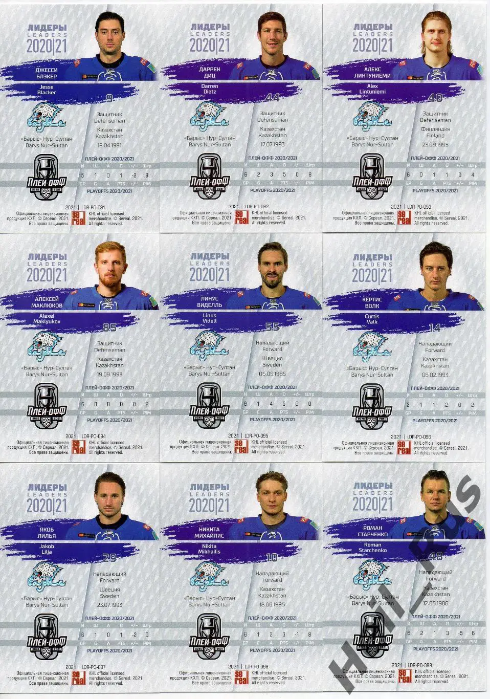 Хоккей. Барыс Нур-Султан 9 карточек КХЛ Лидеры Плей-офф 2020/21 Диц, Михайлис, + 1