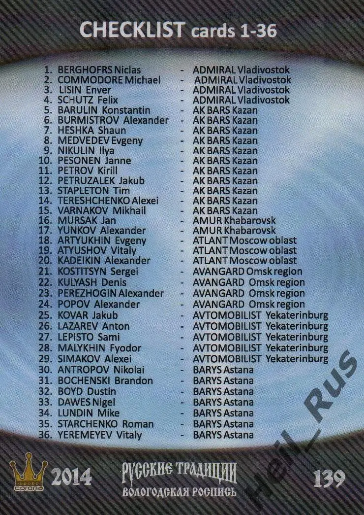 Хоккей. Карточка Илья Ковальчук (СКА Санкт-Петербург) КХЛ / KHL Русские Традиции 1