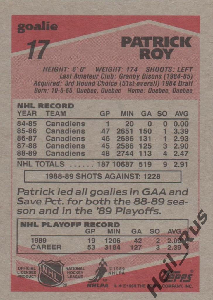 Хоккей. Карточка Patrick Roy/Патрик Руа (Montreal Canadiens/Монреаль) НХЛ/NHL 1
