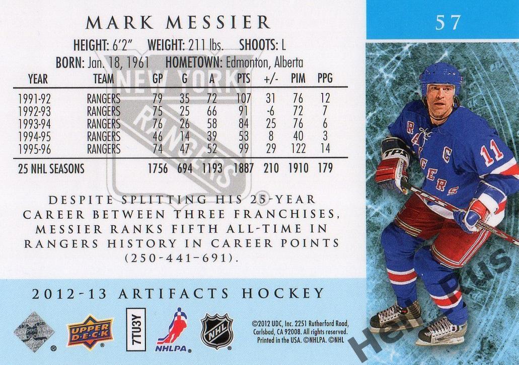 Хоккей Карточка Mark Messier/Марк Мессье (New York Rangers/Рейнджерс) НХЛ/NHL 1