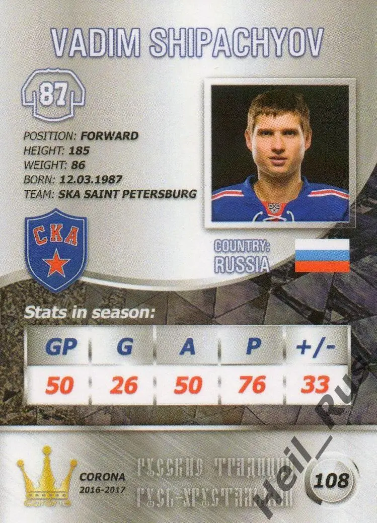 Хоккей. Карточка Вадим Шипачев (СКА Санкт-Петербург) КХЛ / KHL Русские Традиции 1