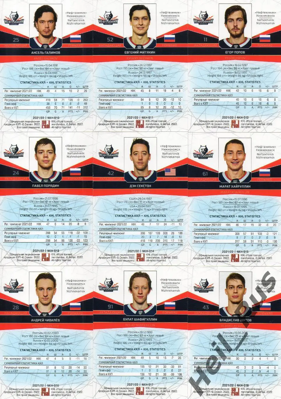 Хоккей. Нефтехимик Нижнекамск 18 карточек КХЛ сезон 2021/22 (Озолин, Порядин, +) 3