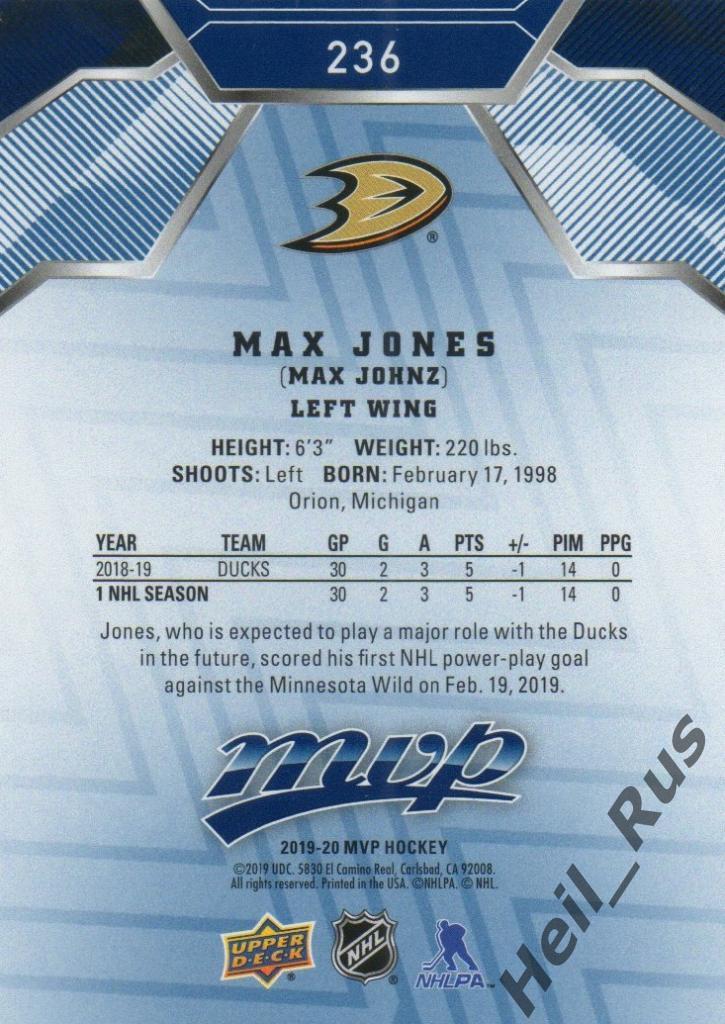 Хоккей. Карточка Max Jones / Макс Джонс (Anaheim Ducks / Анахайм Дакс) НХЛ/NHL 1