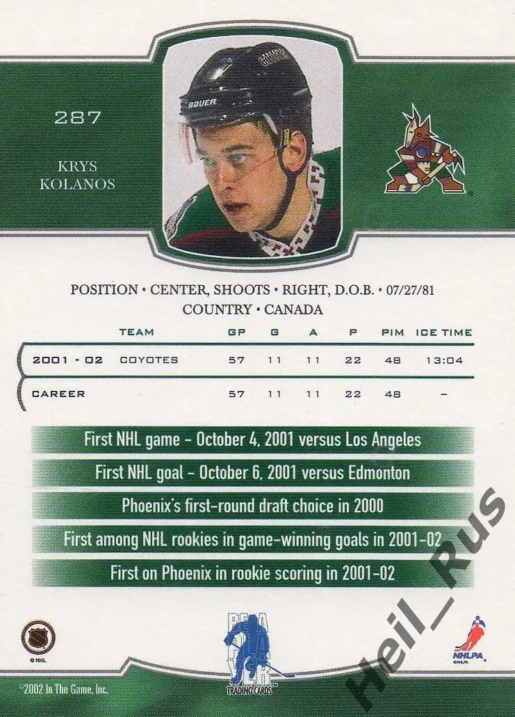 Хоккей Карточка Кристофер Коланос (Phoenix Coyotes/Финикс, Торпедо) НХЛ/NHL, КХЛ 1