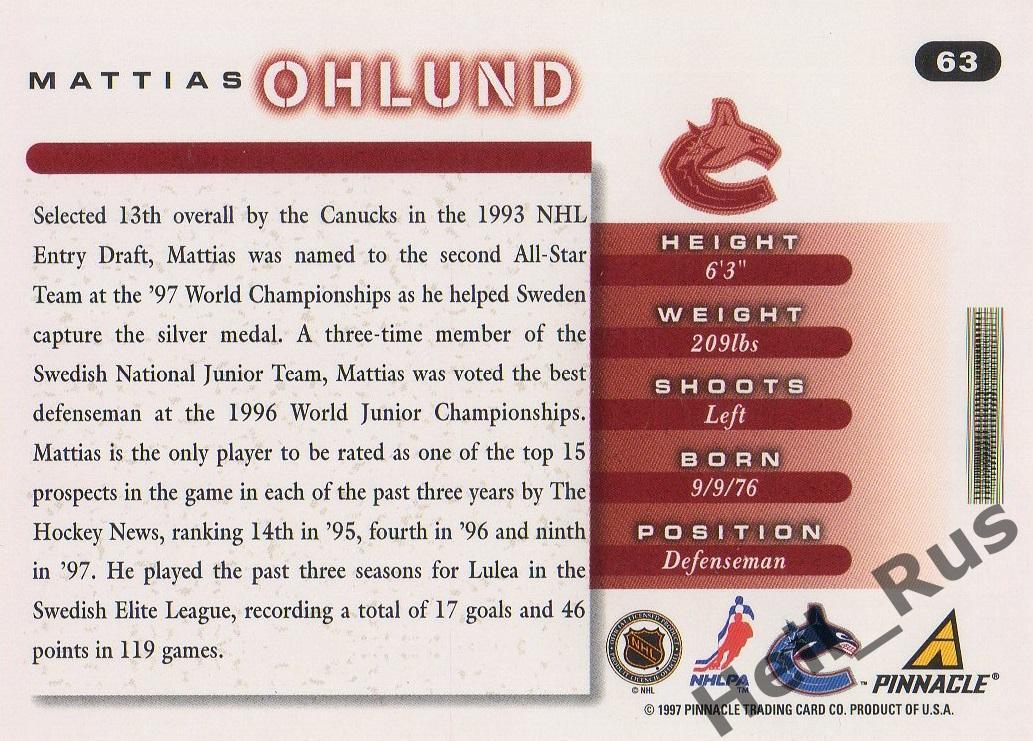 Хоккей. Карточка Mattias Ohlund/Маттиас Олунд Vancouver Canucks/Ванкувер НХЛ/NHL 1