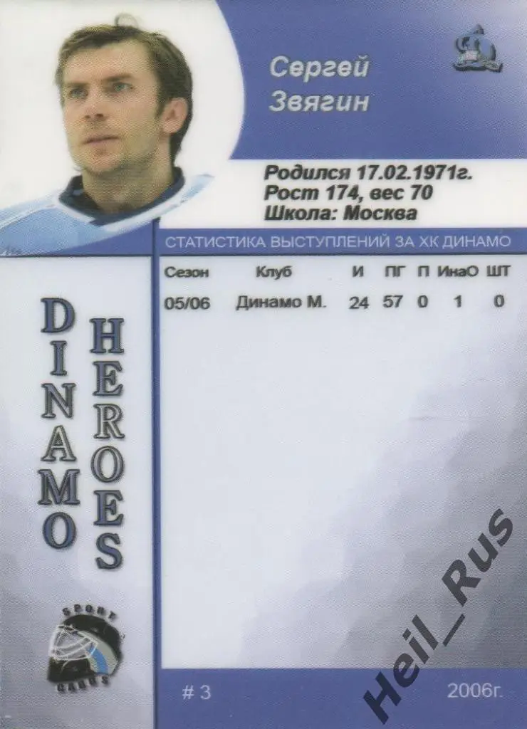 Хоккей. Карточка Сергей Звягин (Динамо Москва), Чемпионат России 2006-07, КХЛ 1
