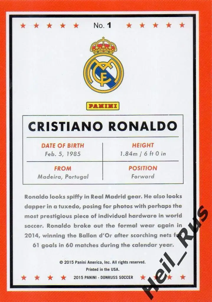Футбол Карточка Cristiano Ronaldo/Криштиану Роналду (Реал Мадрид) Panini 2015-16 1