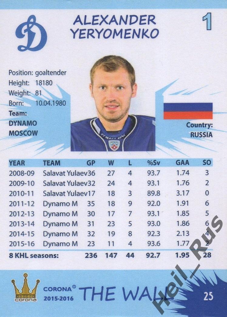 Хоккей. Карточка Александр Еременко (Динамо Москва) КХЛ/KHL сезон 2015/16 1