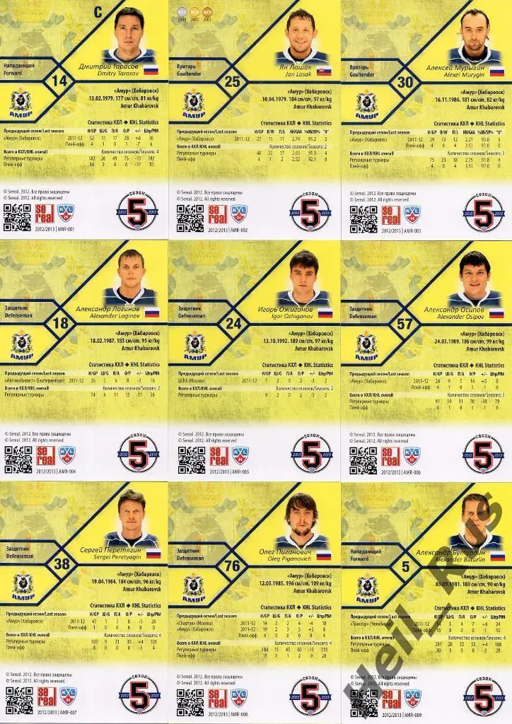 Хоккей. Амур Хабаровск 18 карточек КХЛ сезона 2012/13 SeReal (Мурыгин и др.) 1