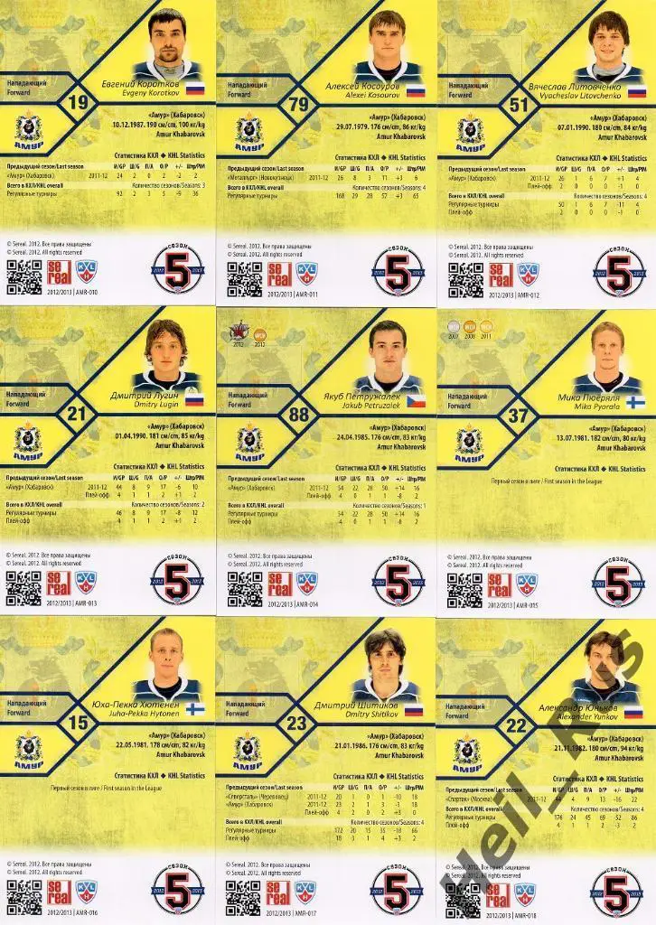 Хоккей. Амур Хабаровск 18 карточек КХЛ сезона 2012/13 SeReal (Мурыгин и др.) 3