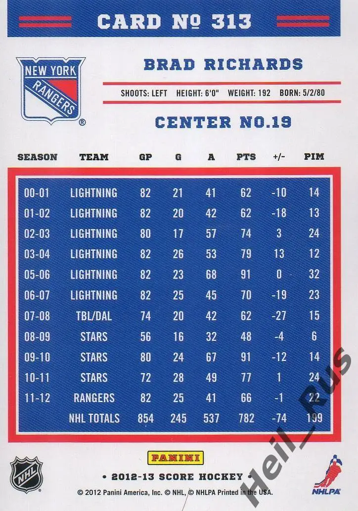 Хоккей Карточка Брэд Ричардс (New York Rangers/Нью-Йорк, Ак Барс Казань) НХЛ/NHL 1